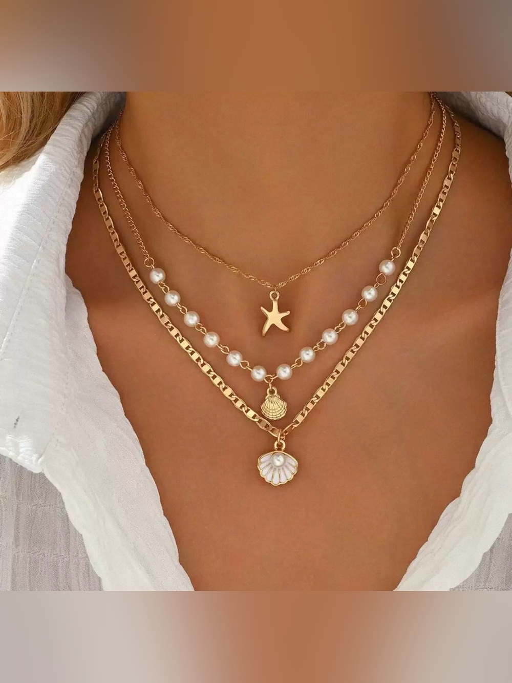 Gold Layered Seashell Pearl Necklace Set Beach Coastal